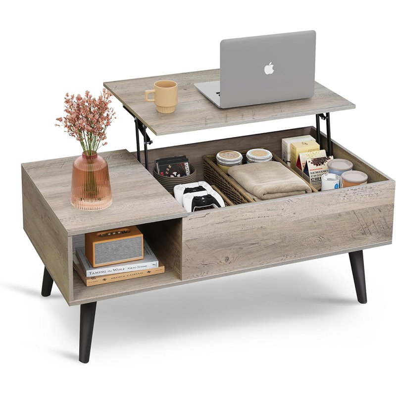Table basse pour le salon, table basse à plateau relevable avec rangement, petite table de salle à manger en bois avec tablette de rangement et compartiment caché, grège 39 po