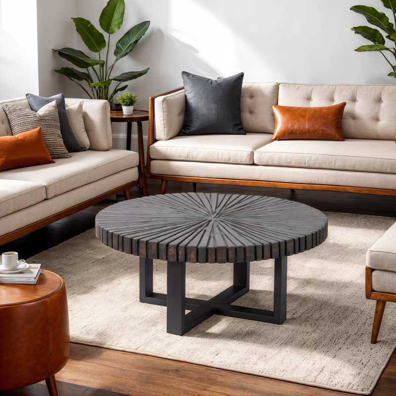 Chainsaw Coffee Table, Round, Black Iron Cross Base, Black/Copper