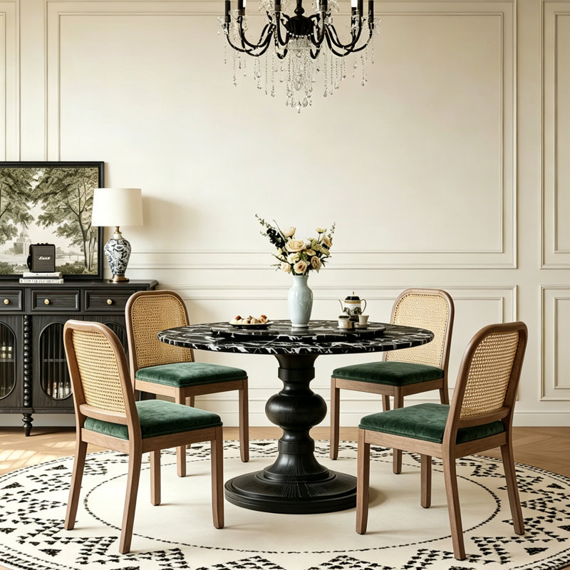 2 chaises de salle à manger en bois massif vieilli de style Mid-Century, avec coussin en chenille, vert, Green, Green