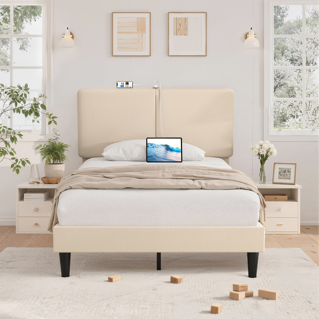 Binnett Bed with USB Port Charging Station Queen Twin Full Size Bed Upholstered Adjustable Headboard Ebern Designs 