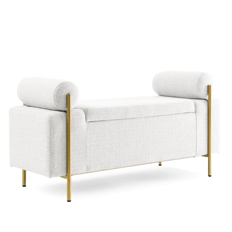 Upholstered Linen Storage Bench with Cylindrical Arms and Iron Legs, White