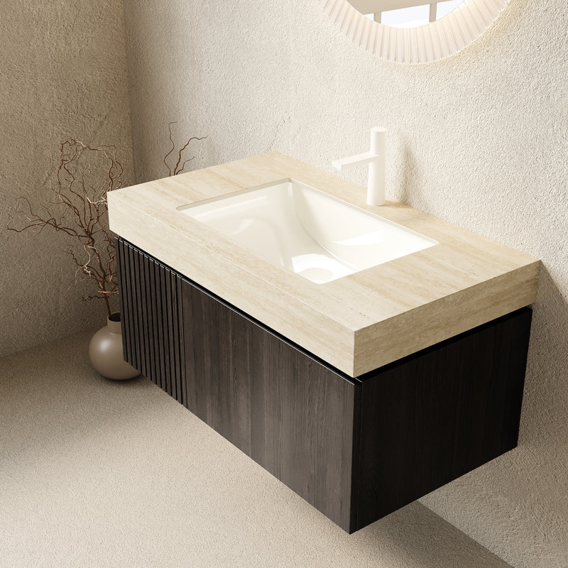 Comptoir en pierre frittée à motif de 91,4 cm (36 po) et lavabo encastré en céramique, un trou pour robinet standard, blanc beige, haute résistance à divers dommages, profondeur de 89 cm (35,08 po), largeur de 49,2 cm (19,34 po), hauteur de 22,1 cm (8,71 po), poids de 24,5 kg (54,02 lb)