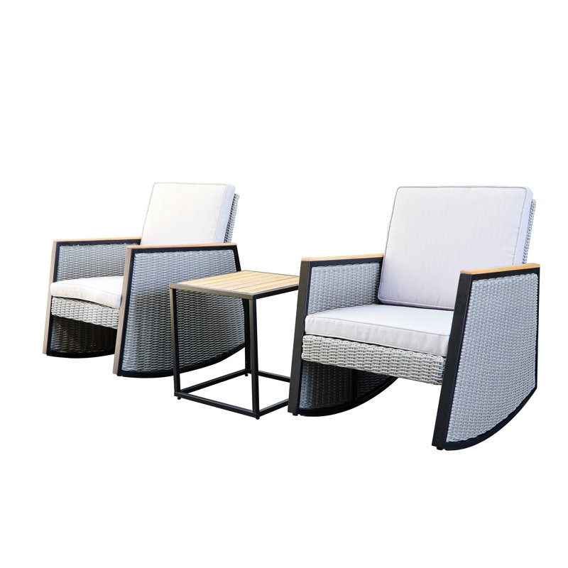 3 Pieces Patio Rocking Wicker Bistro Set, Patio Outdoor Furniture Conversation Sets With Rocking Chairs And Side Table Wood Top
