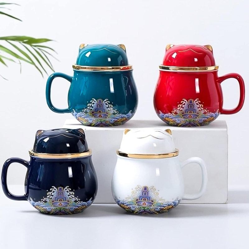 Portable Ceramic Tea Cup Set Lucky Cat Porcelain Teapot Set With Handle Tea Strainer Lids And 2 Teacups 1 Shockproof Storage Case Suitable For Travel  Picnic Office  Home