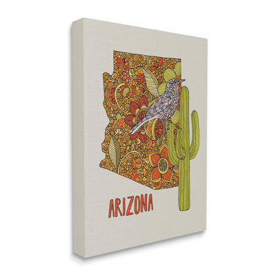 Arizona State Bird détaillée, motif de cactus floral par Valentina Harper - cadre flottant, impression sur toile