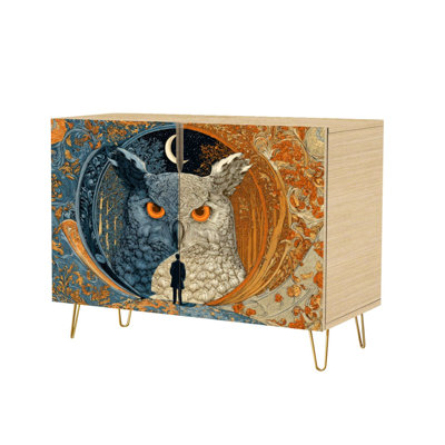 Sideboard Buffet Cabinet with Storage Mystical Owl Dual Sided Design Day Night Themes with 2 Doors for Living Room and Kitchen
