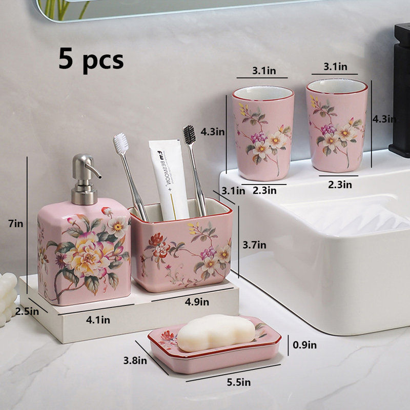 Ceramic Bathroom Accessories Set, Pink