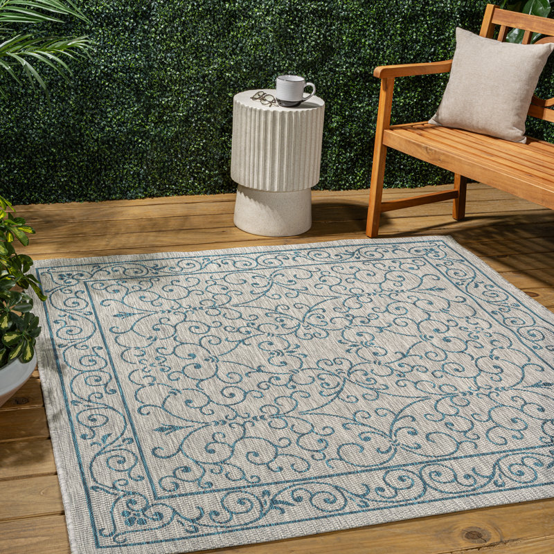 Hagerman Vintage Filigree Textured Weave Gray/Teal Indoor/Outdoor Rug, Square 6'7"