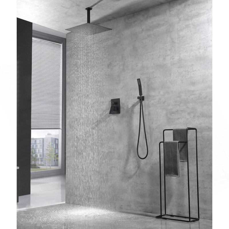 Ensemble de système de douche de plafond avec douche à main et pomme de douche 16 po, Noir mat