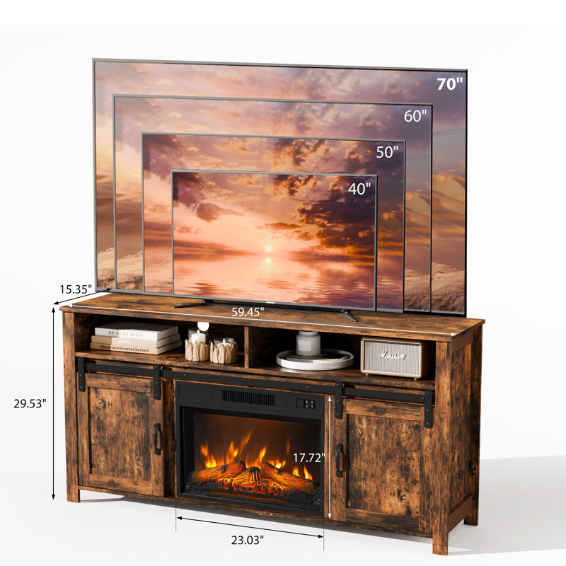 Rustic Brown Hanady For 70 Inch Tv Farmhouse Entertainment Center with Electric Fireplace Included