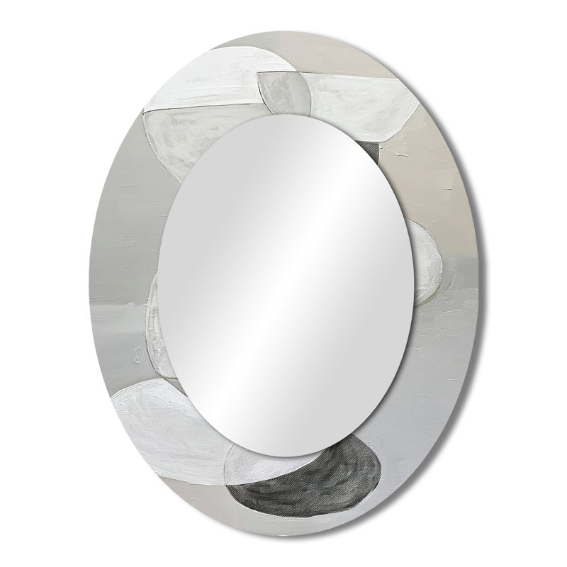 Peinture minimaliste grise simple I - grand miroir mural ovale sur métal, 43 po x 33 po