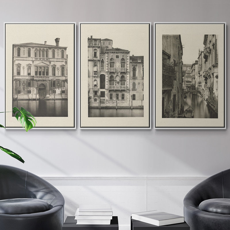 "Vintage Views of Venice I", ensemble de 3 pièces encadrées sur toile, Blanc, H 36 po x l 72 po