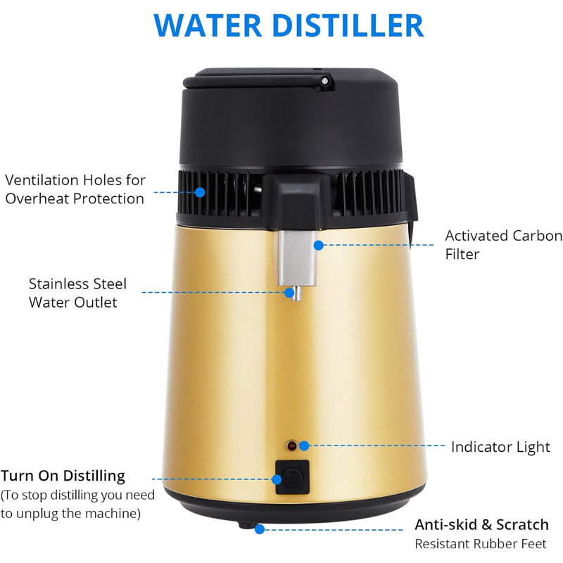 Machine à eau distillée 4L, purificateur d'eau domestique en acier inoxydable, Jaune