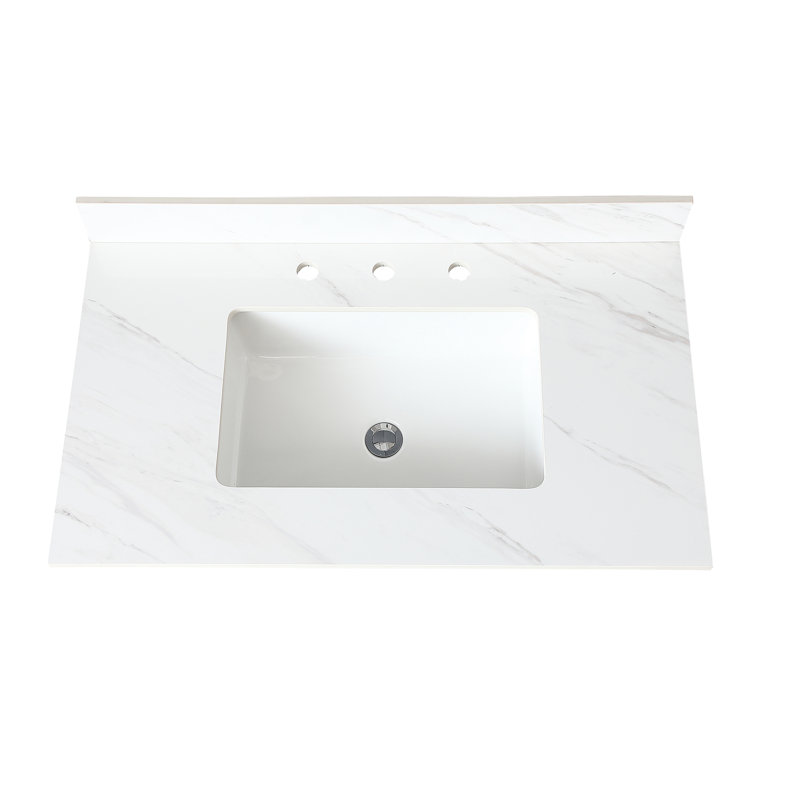 Bathroom 37 Inch Vanity Top - White Sintered Stone With 4" Backsplash, Pre-drilled Faucet Hole, Rectangular Sink, And Elegant Middle Stain-