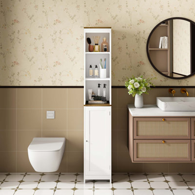 Armoire de rangement étroite pour salle de bain avec porte réversible et tablettes réglables