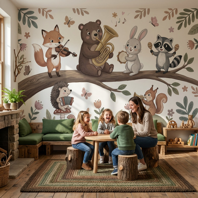 Papier peint animaux joyeux, L: 190 po x H: 108 po, Non-collé
