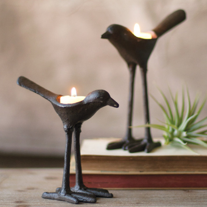  Rustic Cast Iron Bird Tea Light Holders Set of 2, 7" H