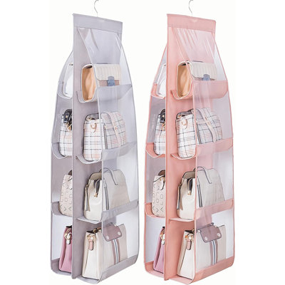 2 Packs Hanging Handbag Purse Organizer, Hanging Hand Bag Organizer Wardrobe Closet Purse Holder, 8 Pockets, 43.3L X 14.1W (B Gray Light Pink)