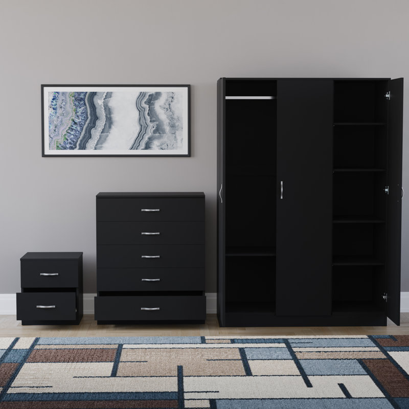 Maybery 3 Piece Bedroom Set (2 Drawer Bedside Chest, 5 Drawer Chest, 3 Door Wardrobe), (5), Black