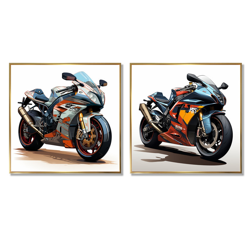 Orange et noir Sleek Speed Moto I - ensemble d'art mural toile sur toile 2 pièces, Encadrement doré