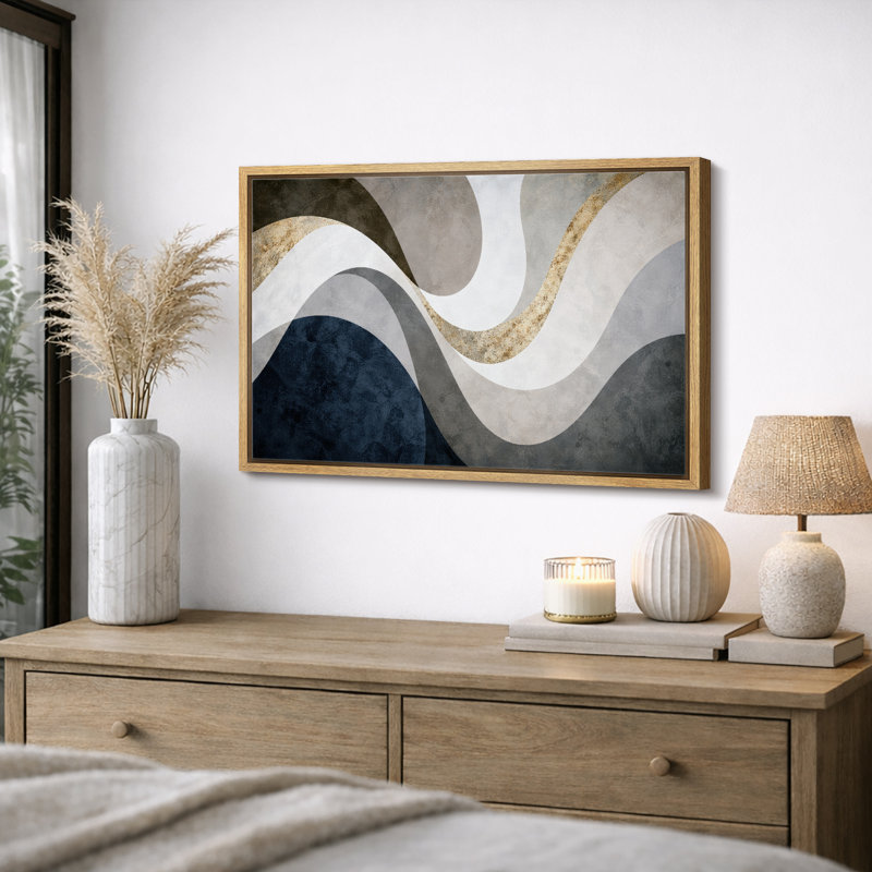 Abstrait bleu or, beige, motif de vagues fluides, images de salon contemporain, impression sur toile encadrée, Cadre naturel