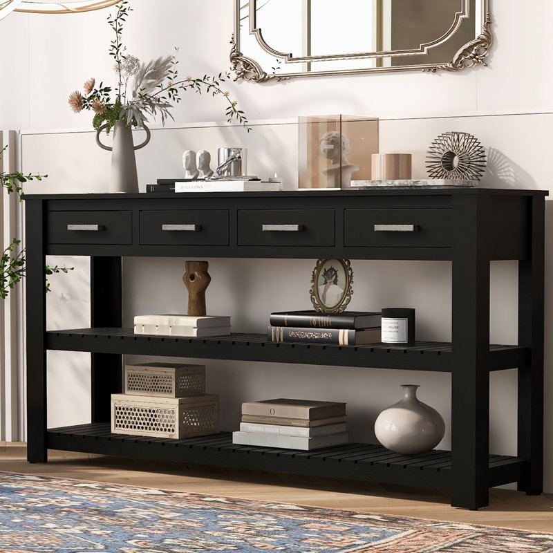 Élégante console en bois de pin noir, 4 tiroirs, 2 tablettes, console décorative en bois de pin, mobilier de maison moderne