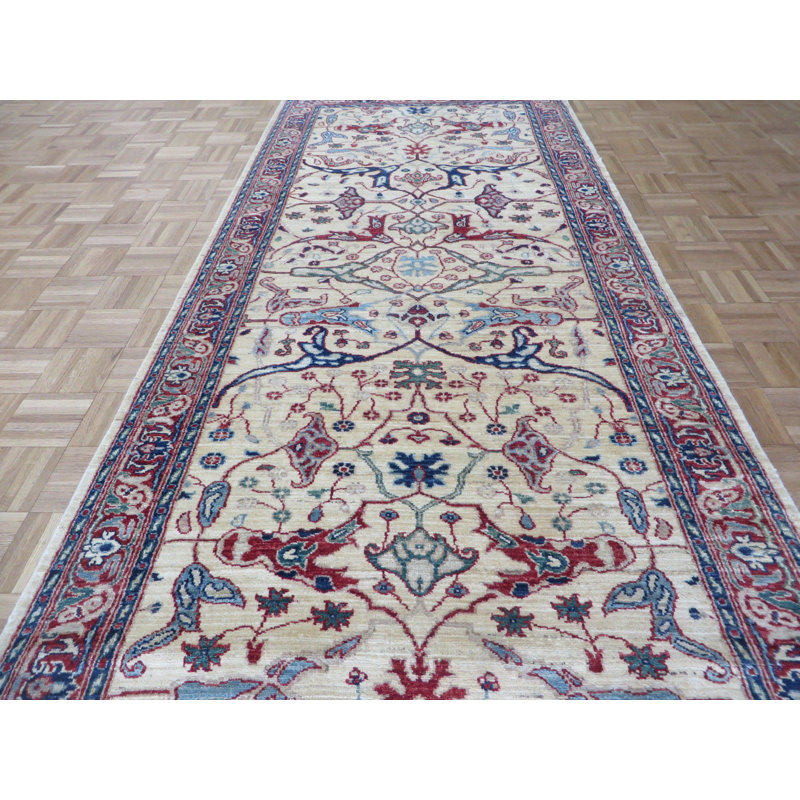 Tapis de zone en laine beige/rouge 4 pi x 13 pi 10 po one-of-kind à la main noué la Beaumont