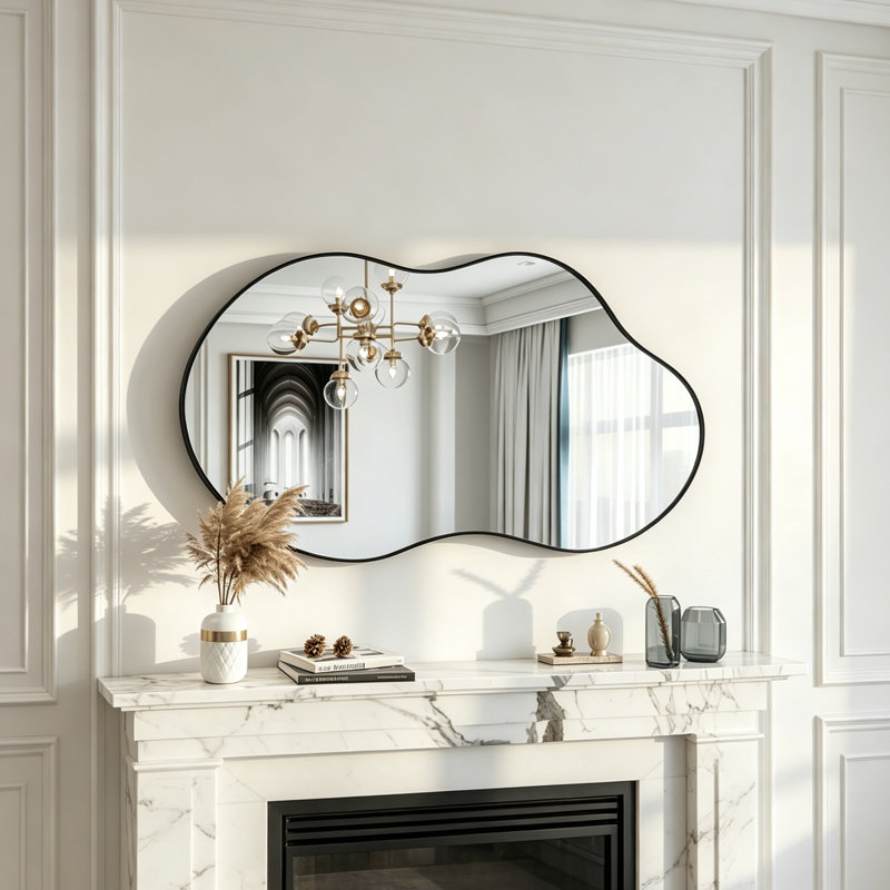 Asymmetrical Metal Framed Wall Accent Mirror, Black, 111cm H x 55cm W