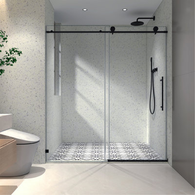 6076 Matte Black Frameless One Fixed And One Shifted Shower Door, 70MM 304 Stainless Steel Large Pulleys With Adjustable Soft Closing Function,With Nano Easy Cleaning,Stick Explosion-Proof Menbrance