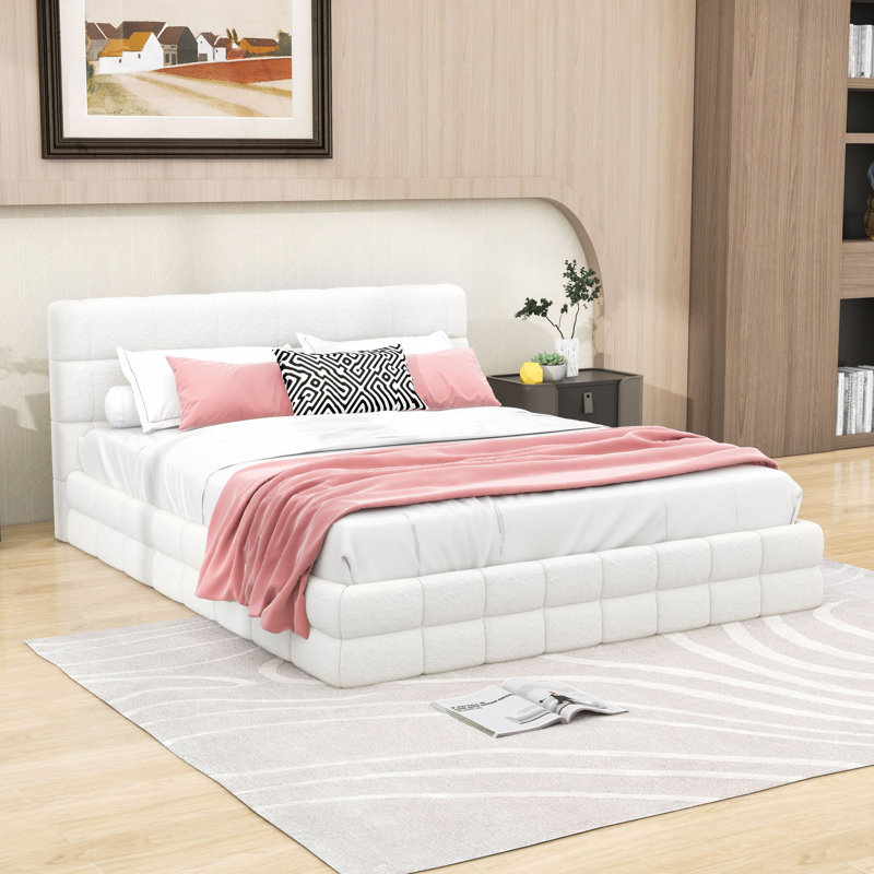 Grand lit plateforme tapissier avec tête de lit, Blanc