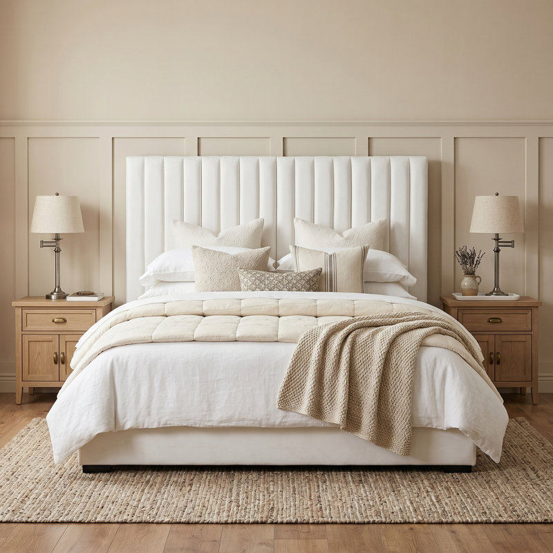 Velvet Upholstered Platform Bed with Extra Tall Channel Tufted Headboard and Two Storage Drawers, Cream, King
