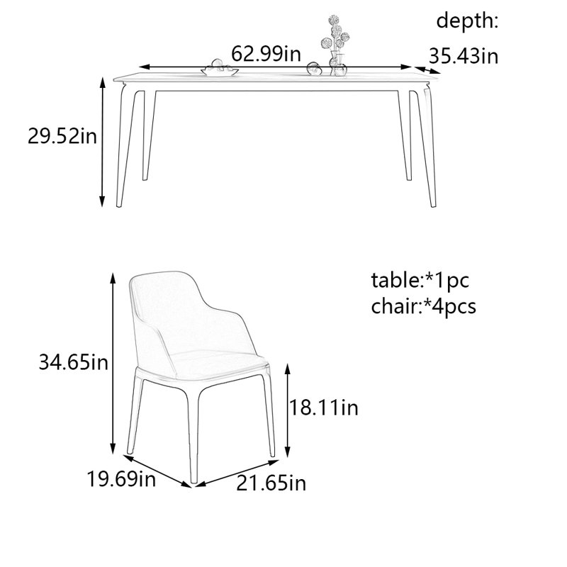 Superior rock plate dining table and chair set, 29.52"H x 62.99"L x 35.43"W