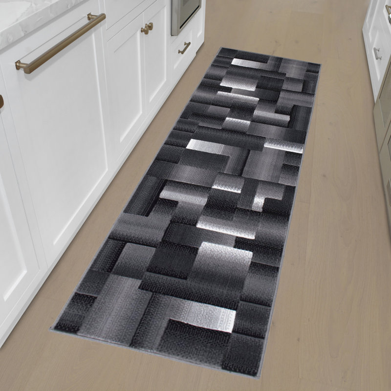 Abbie-May Modern Gray Geometric Style Color Blocked Indoor Area Rug, Runner 2' x 7'