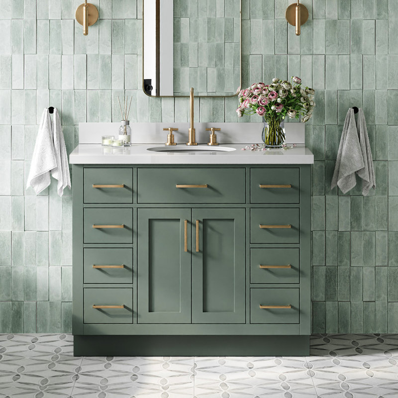 Meuble-lavabo simple en bois massif 42 po Odle avec plateau en quartz blanc 1,5 po, Ovale, Vert rétro / laiton satiné