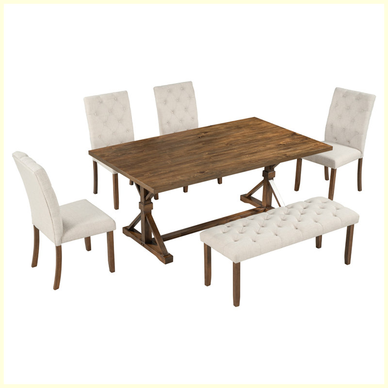 Ensemble de table de salle à manger 6 pièces avec 4 chaises rembourrées et banc
