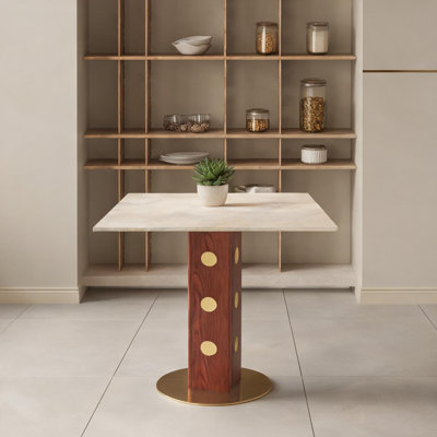 Square Dining Table for Small Spaces, 33.5 Soft White Sintered Stone Top, Solid Wood Pedestal with Gold Base, Seats 2