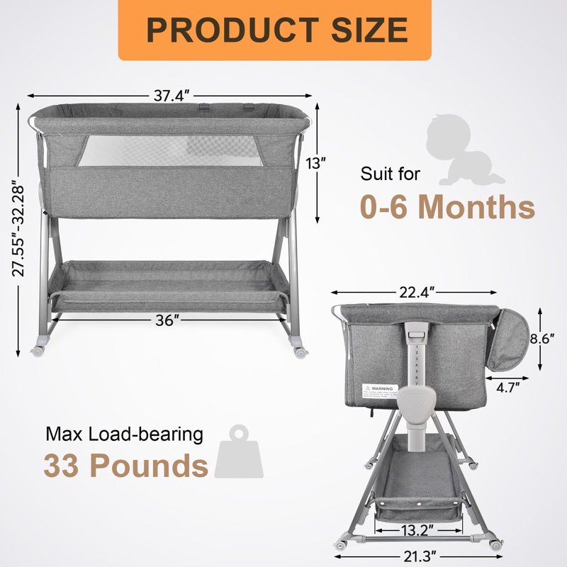 Baby Bassinet And Bedside Sleeper For Baby , 7 Height Adjustable Bedside Bassinet With Wheels, Gray