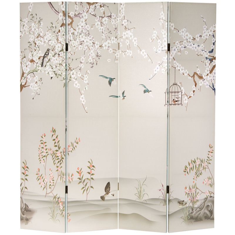 6 Ft. Tall Double Sided Birds And Plum Blossoms Canvas Room Divider, Spring Blossoms