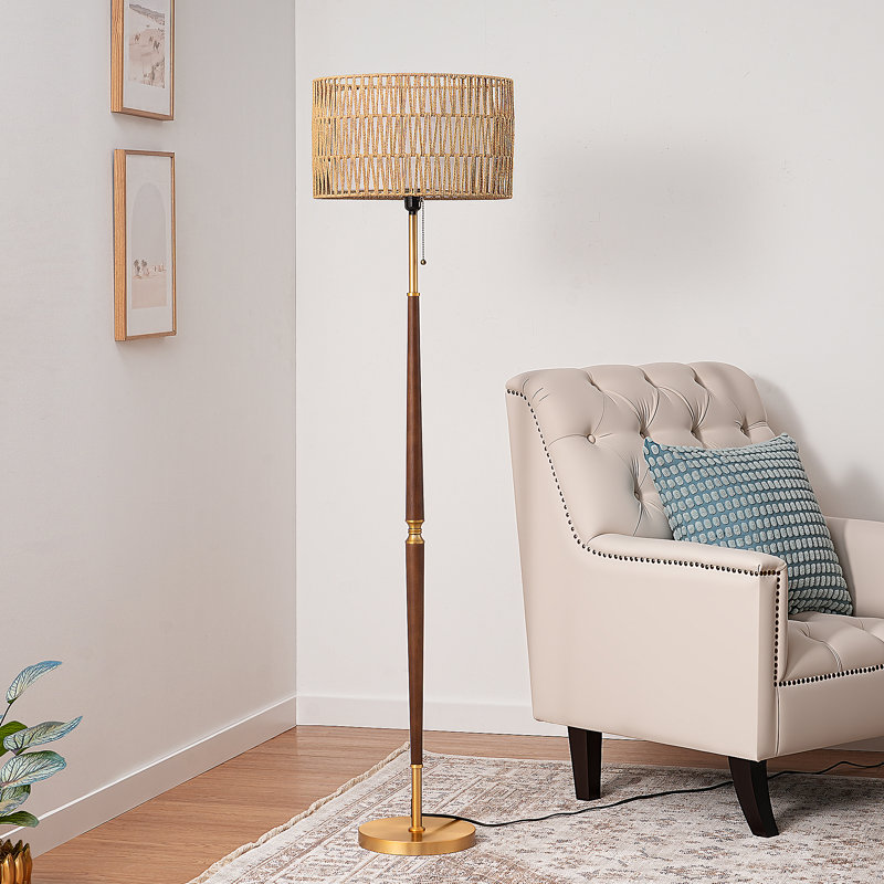 63.4" Traditional Floor Lamp With Rattan Dual-layer Woven Shade