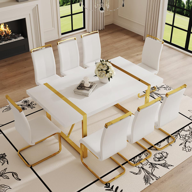 71" Modern Dining Room Table Set, High Gloss Kitchen Table With Chairs, Faux Leather Seats With Gold Metal Legs, White