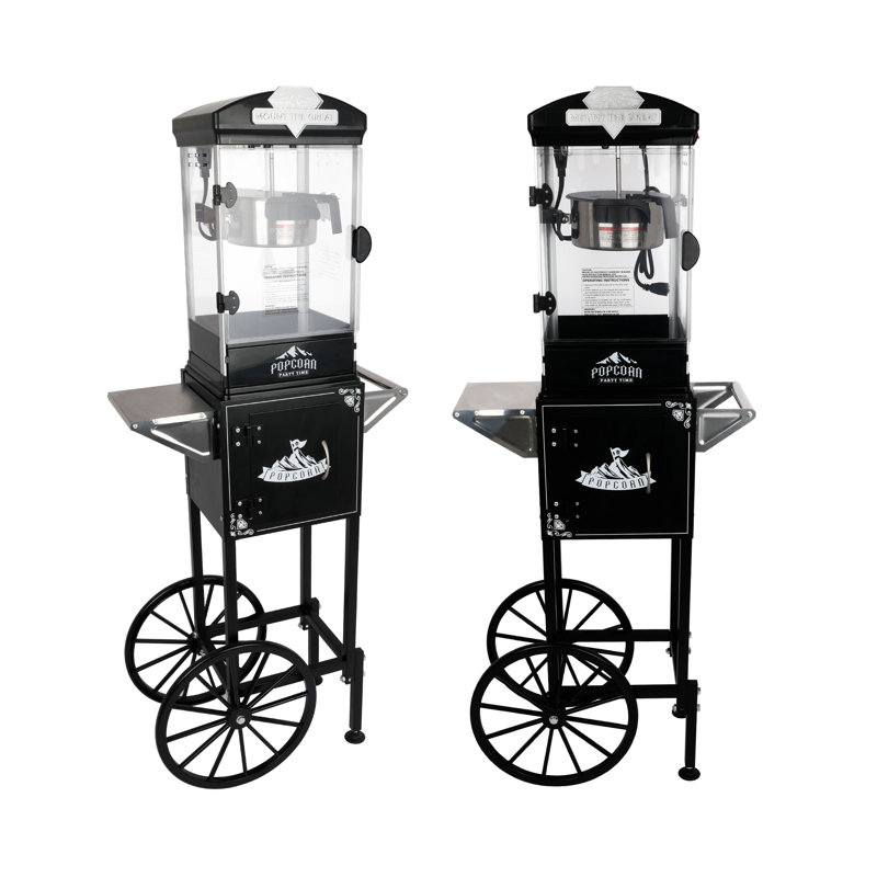 Machine à maïs soufflé pour cinéma maison avec chariot, roues, bouilloire et 3 cuillères doseuses en plastique, Black