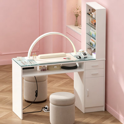 Table de manucure moderne en forme de H, bureau à clous avec plateau en verre, tablettes de présentation, tiroirs de rangement, coussin de poignet et prise de courant intégrée pour le salon ou la maison