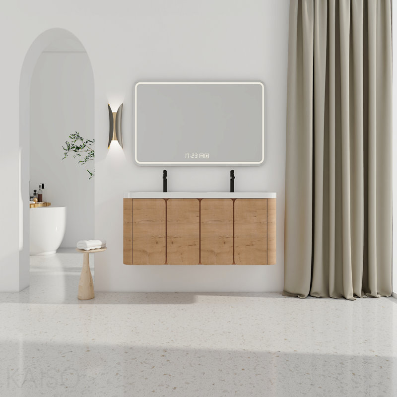 Meuble-lavabo mural 60 po avec lavabo en résine blanche et 4 portes à fermeture douce, emballage Kd, contreplaqué, chêne imitation 60 po