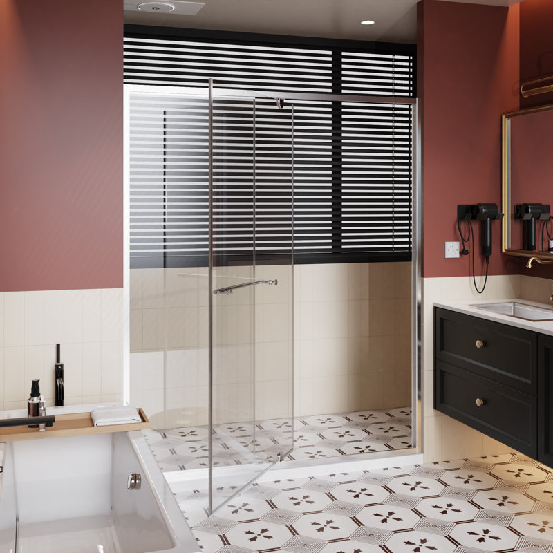 Porte de douche, porte de douche en verre trempé transparent épais de 1/4 po avec poignée en acier inoxydable, Chrome