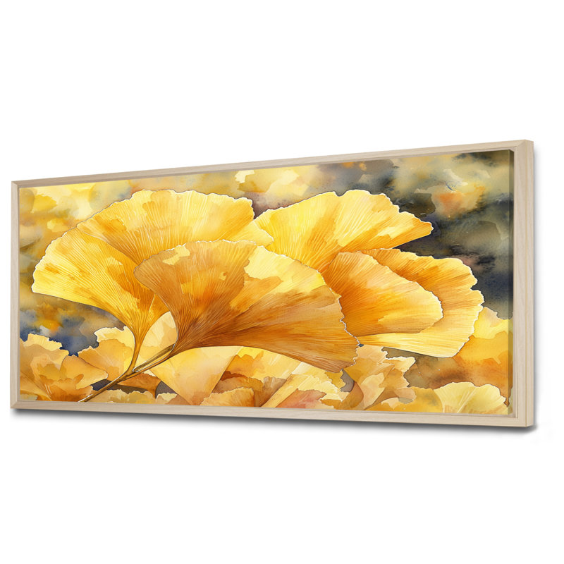 «Ilselore Golden Ginkgo Leaf II» - feuilles, art mural, H 28 po x l 60 po, Impression encadrée flottante, Crème, crème