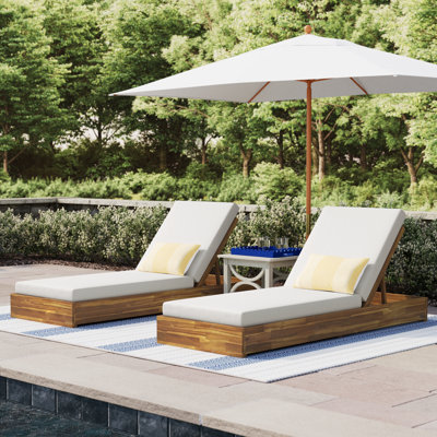 Leite 79" Long Reclining Outdoor Acacia Chaise Lounge Set with Cushions