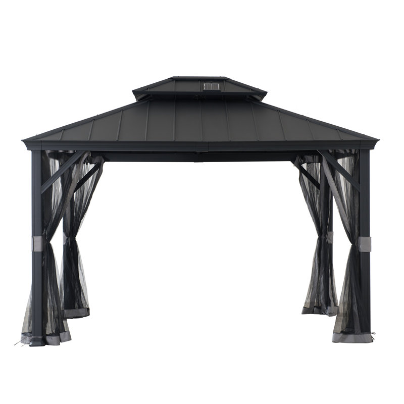 10x12 Black Aluminum and Steel Hardtop Gazebo with Solar Panel and Netting