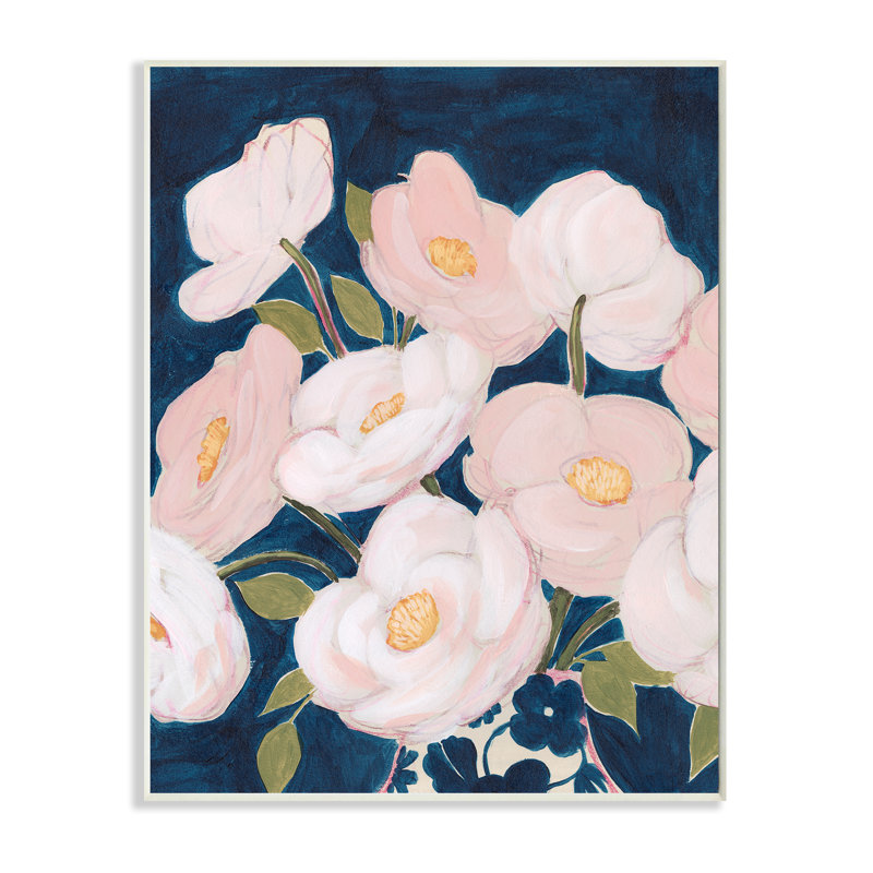 Fleurs printanières, pétales roses sur bleu profond, H 15 po x l 10 po, Plaque murale