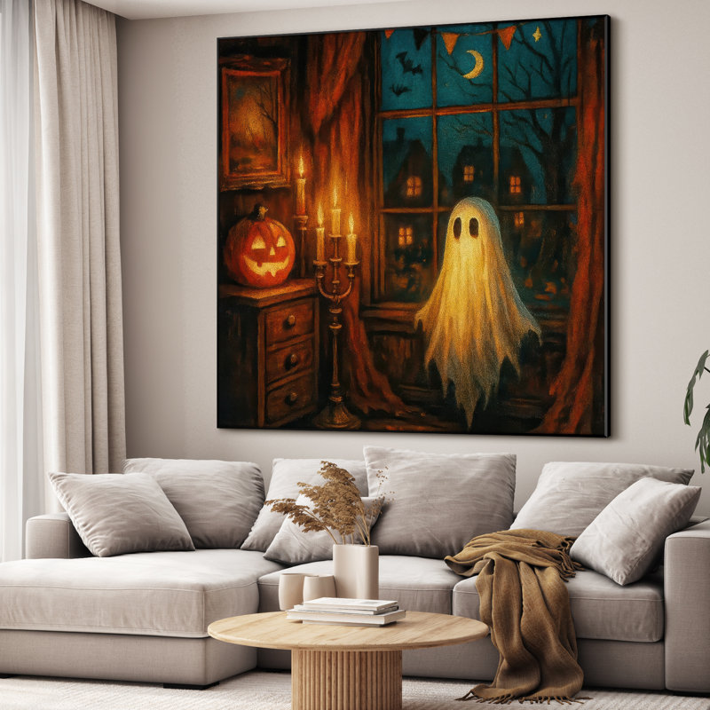 Très grande reproduction d'art sur tissu - Mignon fantôme d'Halloween, œuvre d'art pour le salon ou la chambre à coucher