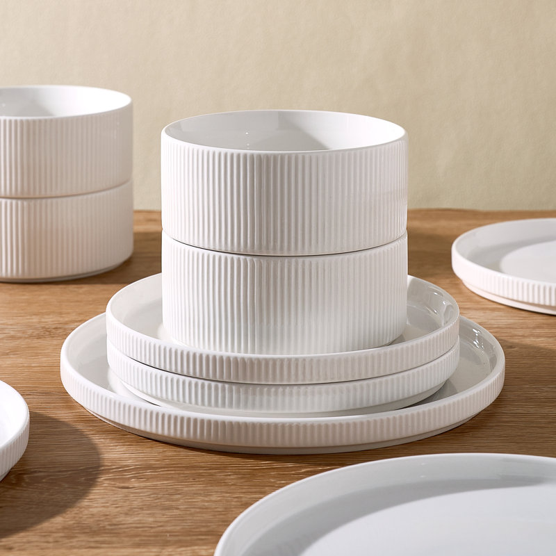 Service de table en porcelaine 12 pièces, blanc, Blanc